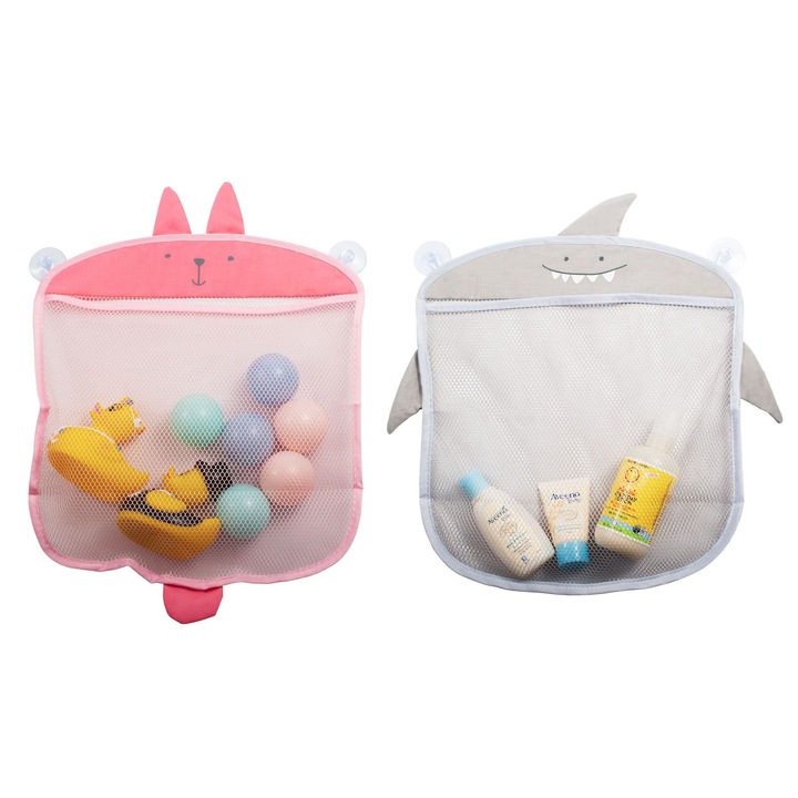 Organizatoare de Dus pentru Copii Mici, cu Design Dragut de Desene Animate, Plase Multifunctionale pentru Jucarii de Bebe cu Tehnologie de Uscare Rapida, Rezistente si Usor de Curatat, Ideale pentru Organizarea Baii si a Spalatoriei (Pachet de 2)