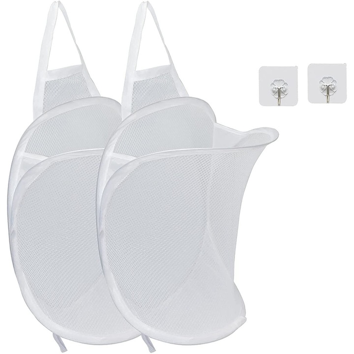 Комплект от 2 висящи коша за пране, сгъваеми, полиестер, дишащи, бели