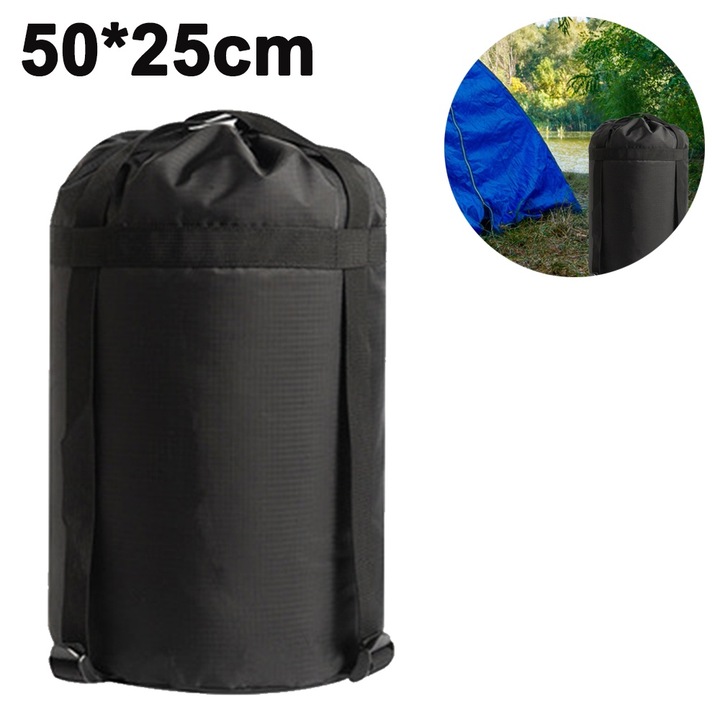 Sac de compresie pentru sac de dormit, AMRINUGL, nylon, 4 curele ajustabile, negru