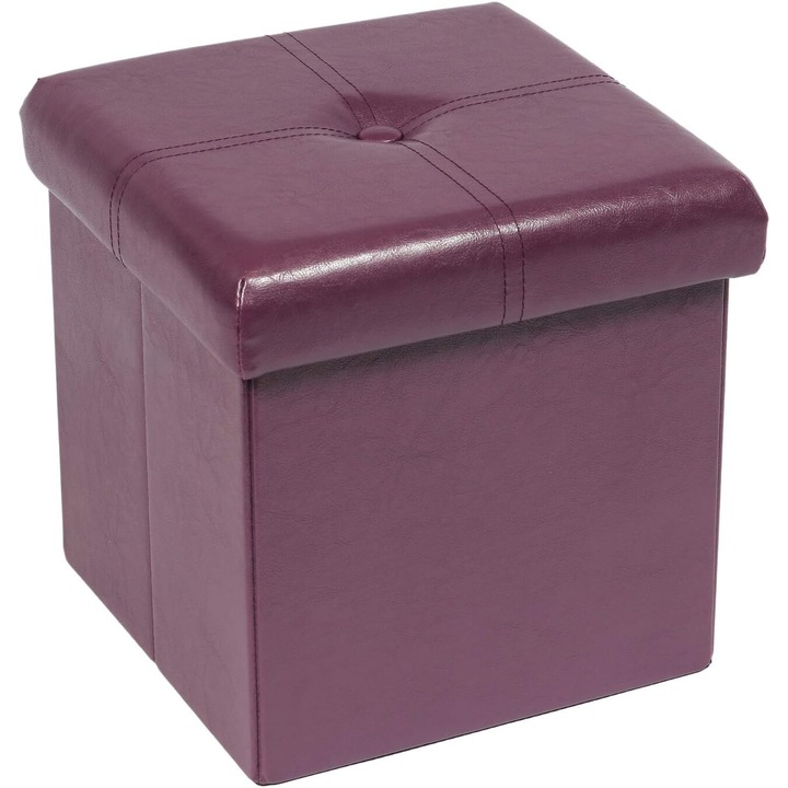 Taburet Pliabil, Piele Ecologica, Multifunctional, Spatiu de Depozitare, 30 x 30 x 30 cm, Visiniu