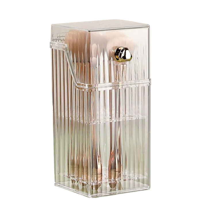 Organizator pentru pensule machiaj Cozevdnt, plastic, cu capac, verde/alb/gri transparent, 21x10x10cm