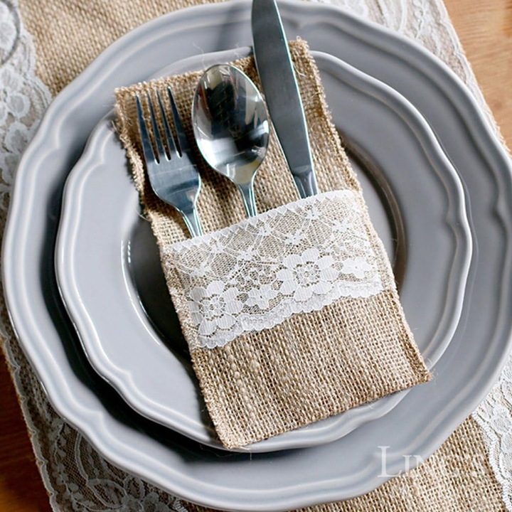 Juta evőeszköztartó, Enforose, csipkedíszítéssel, 21x11cm