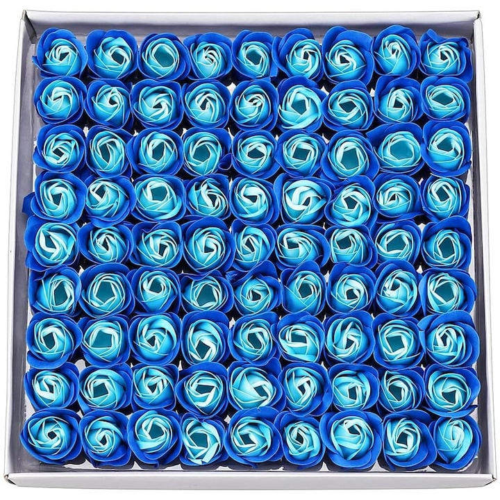 Комплект 81 сапунени рози, сини, 3,5 см диаметър, 4 см височина, кутия 30x30 см