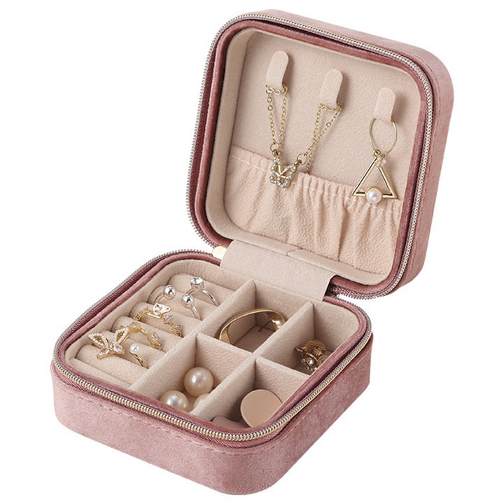 Cutie bijuterii de calatorie, organizator mic portabil cu oglinda, roz inchis, 10x10x5cm