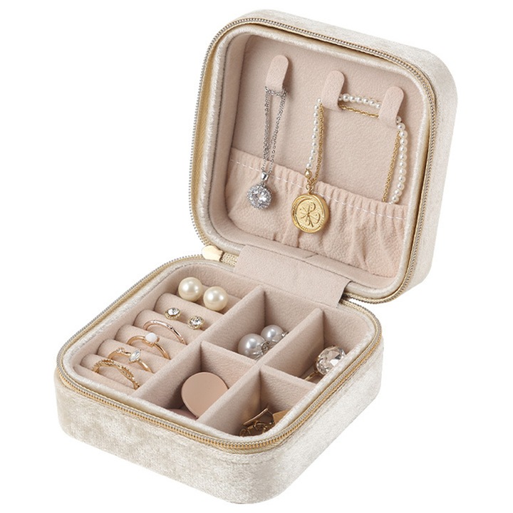 Cutie bijuterii calatorie, organizator mic portabil cu oglinda, capacitate mare, culoare alba, 10x10x5cm