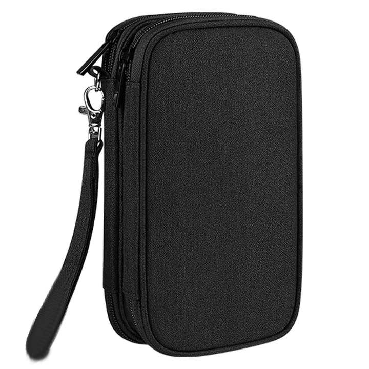 Organizator de calatorie pentru accesorii electronice, cu maner si fermoar dublu, negru