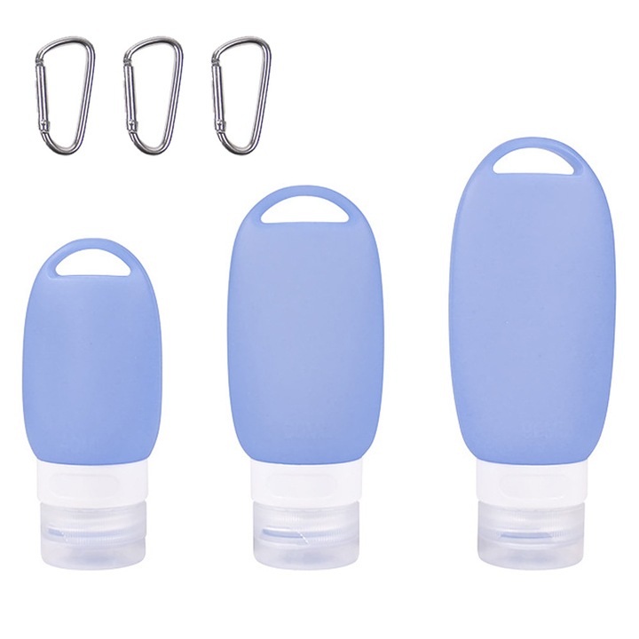 Set 3 recipiente pentru calatorie, reutilizabile, cu carabina, albastru/alb