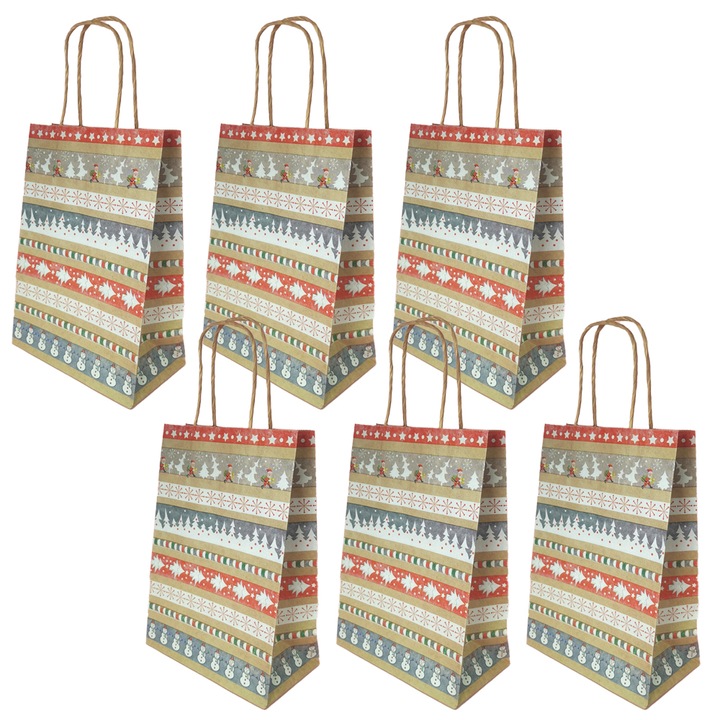 Pungi de cadou de Craciun, design cu fulgi de zapada si brazi, 30x25cm