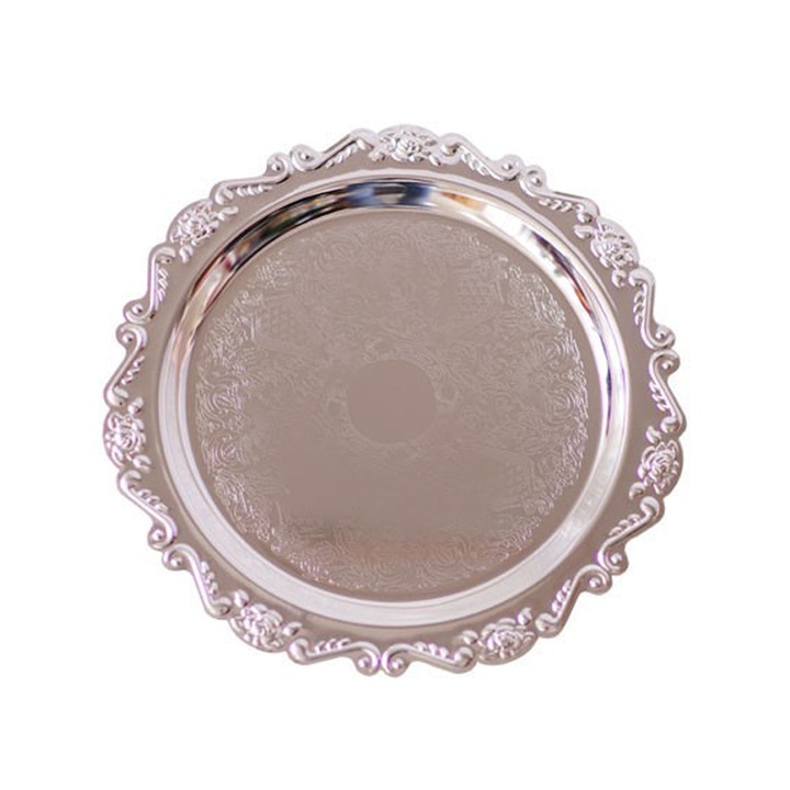 Tava servire vintage, decor aurit, material eco-friendly, argintiu