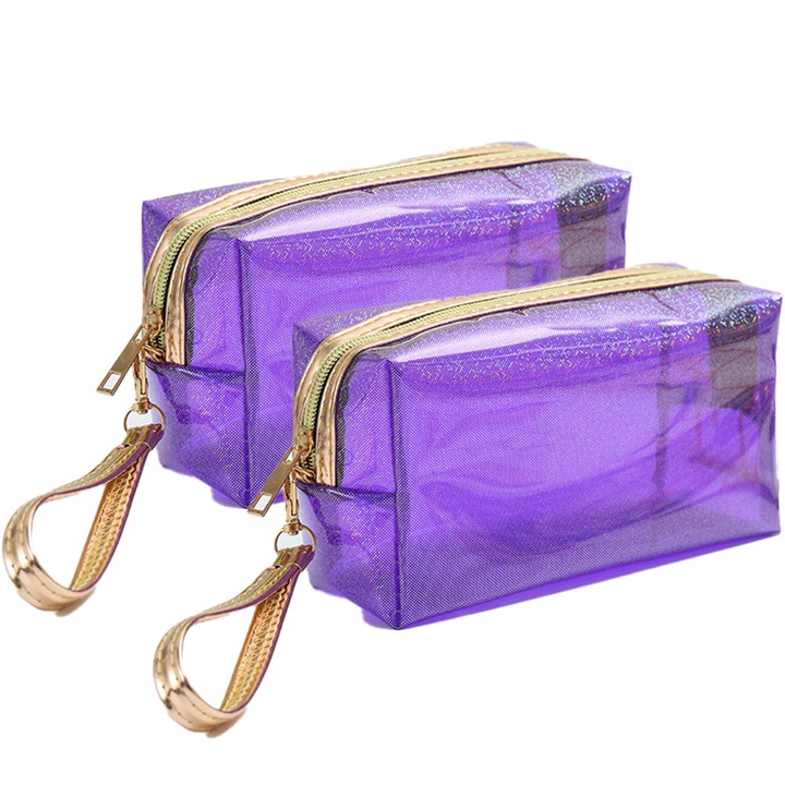 Geanta cosmetica transparenta, impermeabila, cu fermoar metalic, maner detasabil, multicolor