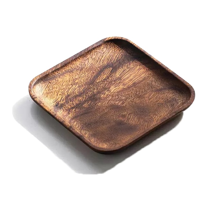 Tava servire patrata, lemn natural, margine ridicata, baza stabila, maro