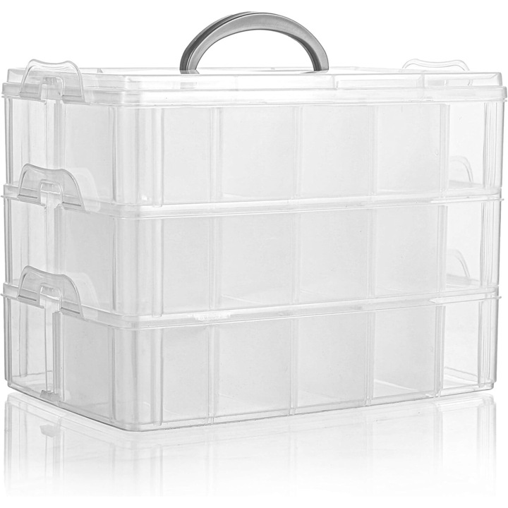 Cutie depozitare Cozevdnt, 3 etaje, 30 compartimente ajustabile, plastic grad alimentar, transparent, 25x16.5x18cm