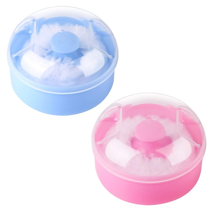 Set 2 recipiente pudra cu puf, pentru corp, plastic, roz/albastru, 9x6cm