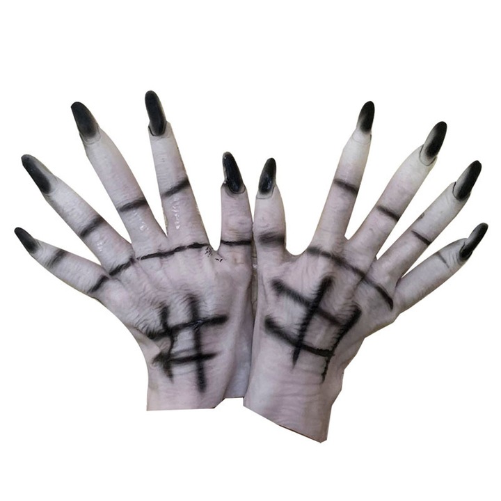 Halloween kesztyűk, hosszú cipzárral, Latex, Scary Effects, 15 x 27 cm, Fehér / Fekete