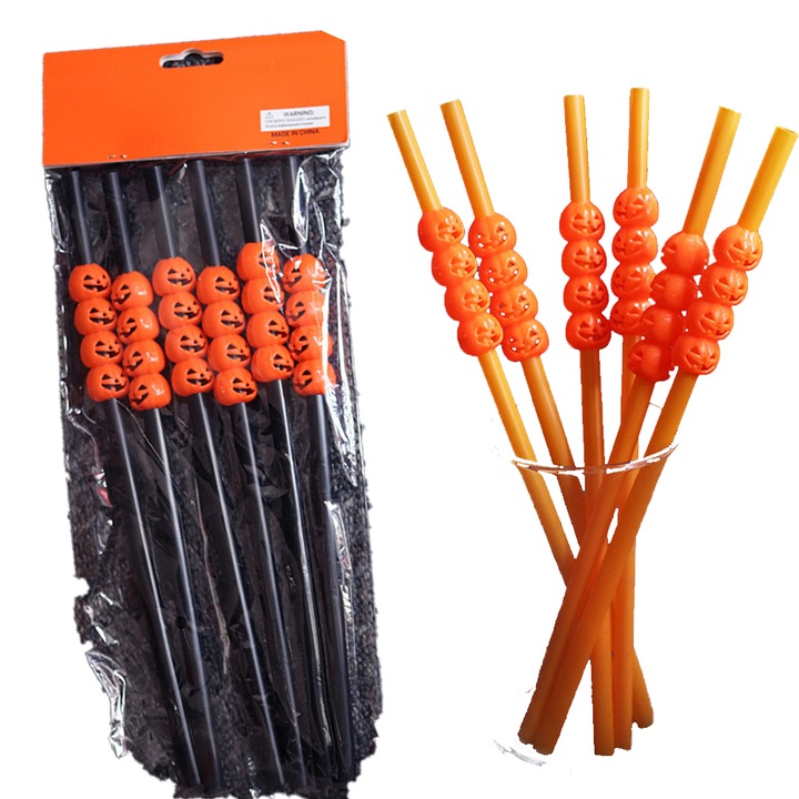 Set Pungi Paie pentru bauturi, Plastic, Halloween, Model dovleac, 0.9 x 30 cm, Portocaliu / Negru