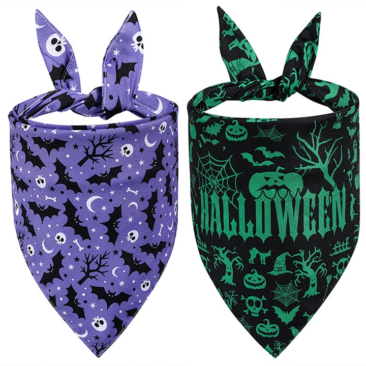 Bavete triunghiulare pentru caini, pachet de 2, bandane de Halloween, esarfa pentru caini, pentru petrecere de Halloween, costum de animale de companie, D