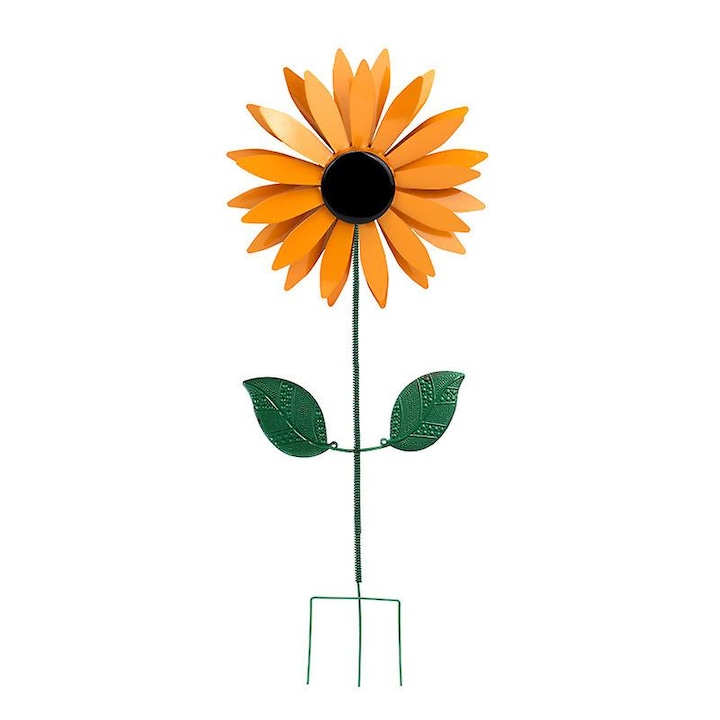 Accent de gradina, giratoriu de vant din metal de floarea soarelui, galben vibrant, sculptura de vant decorativa cinetica pentru decorarea in aer liber a gazonului, miza robusta care asigura o rotatie durabila (flori aurii cu ramuri verzi)
