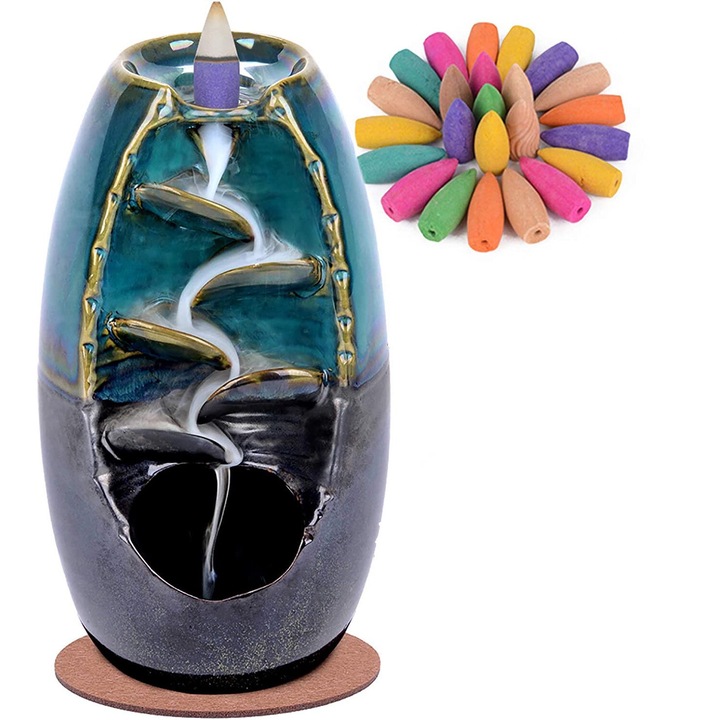 Suport de tamaie cu efect de apa, ceramica, BGHYHYHI, albastru, cu 70 conuri de tamaie