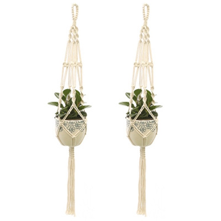 Set 2 Suporturi Agatatoare pentru Plante, Macrame, Bumbac, Rezistente, Alb, 105cm