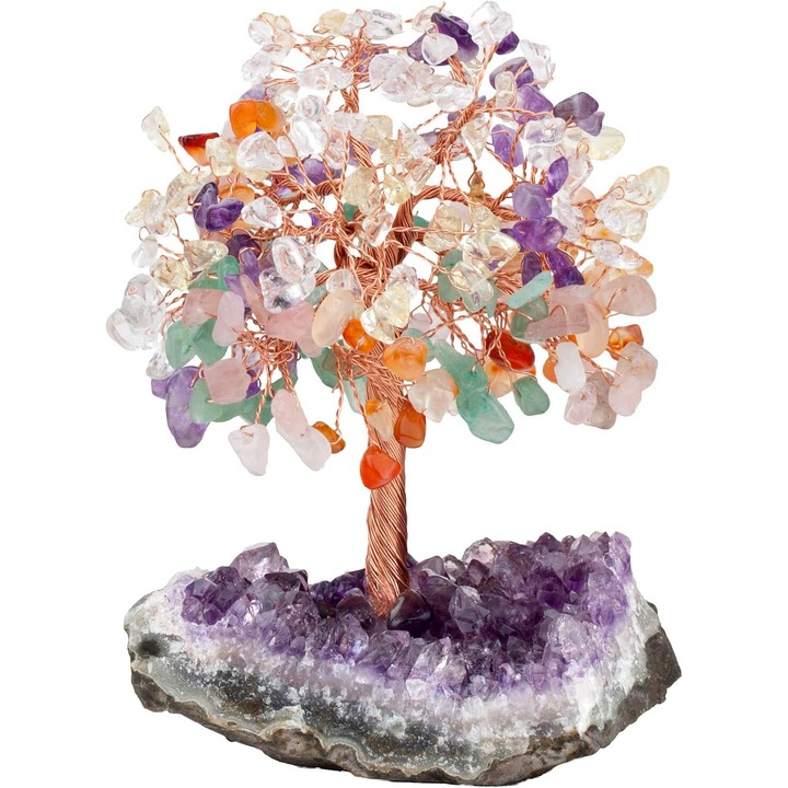 Ametiszt kristály feng shui fa, dekoratív, természetes alap, sokszínű, magassága 11-15 cm