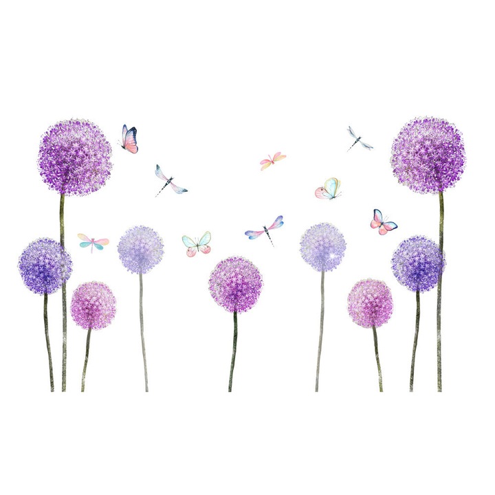 Stickere decorative Dandelions, Enforose, set 2 foi, culori vibrante, fluturi, aplicare usoara