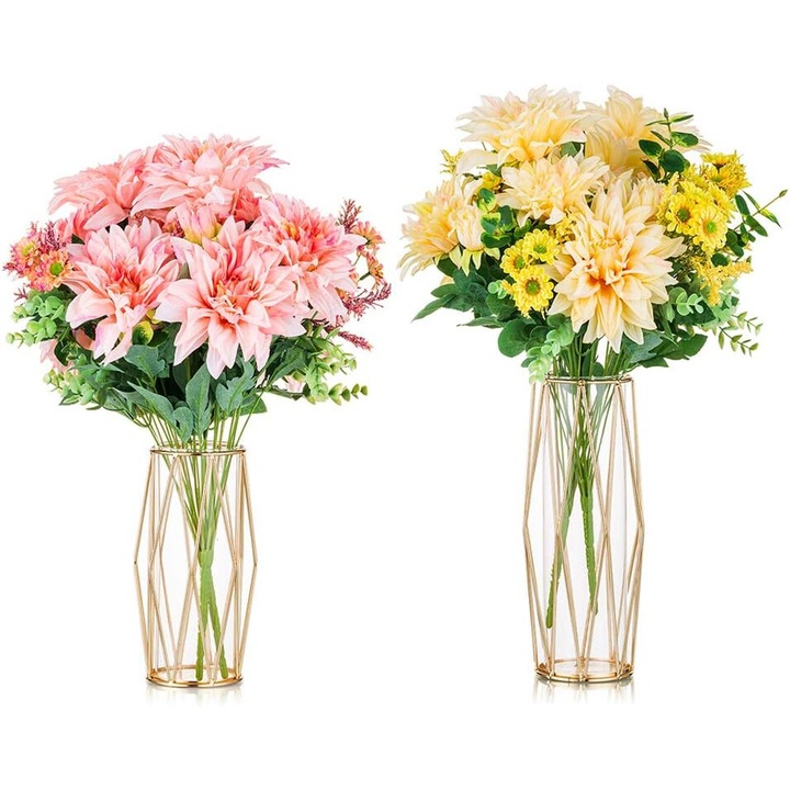 Set 2 vaze decorative, metal/sticla, transparent/auriu