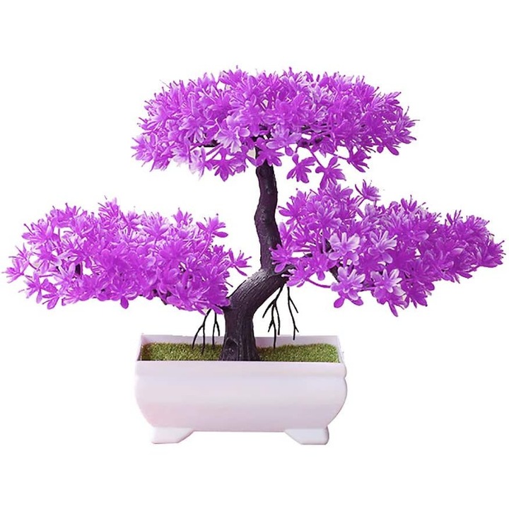 Bonsai műnövény dekoráció, Pin, műanyag, élethű, cserépben, Lila, 1 db