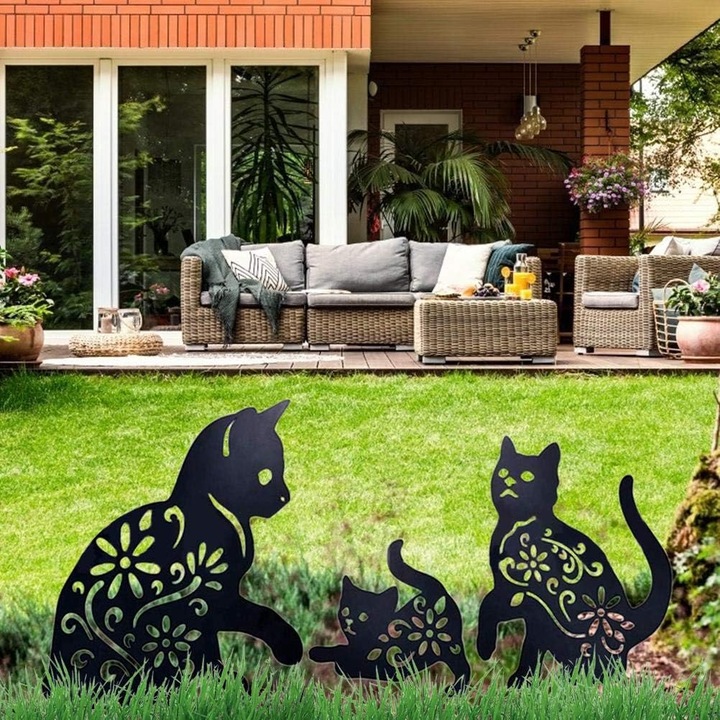 Tarpi decorative pentru pisici cu design scobit, placa metalica durabila pentru decorarea gradinii pentru pisici, rezistenta la intemperii, instalare usoara Statui de protectie pentru curte (un set de trei)