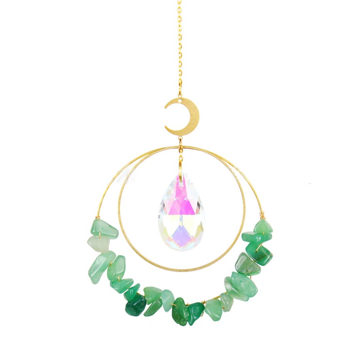 Kristályos napfogó, holdtéma, aranylánc, vízcseppek, hold és csillagok