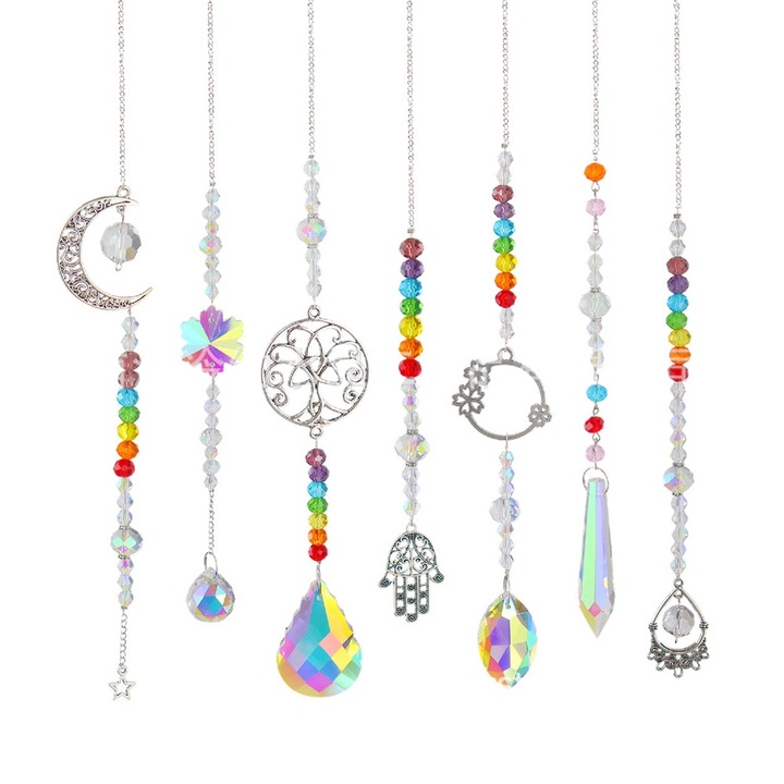 7 darabos napfogó dísz szett, színes kristályokkal, 7x7cm