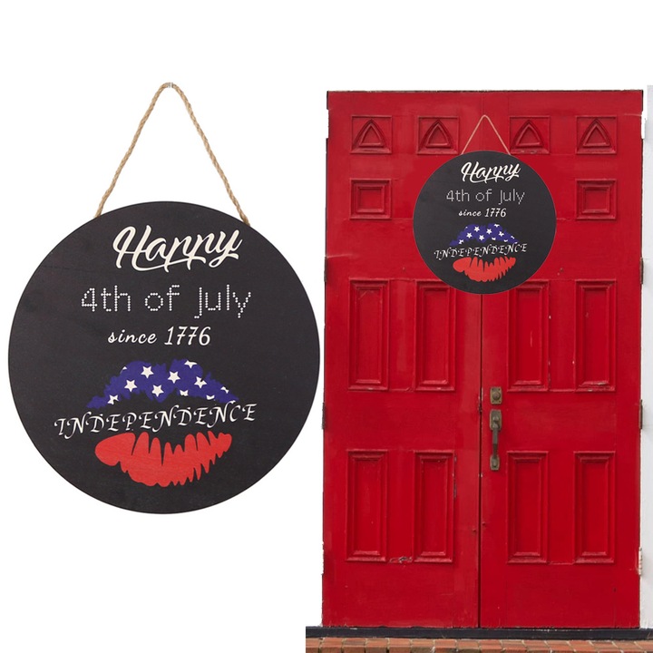 Semn de usa din lemn, 4th of July, rosu-alb-albastru, 28x28cm, set 1 bucata