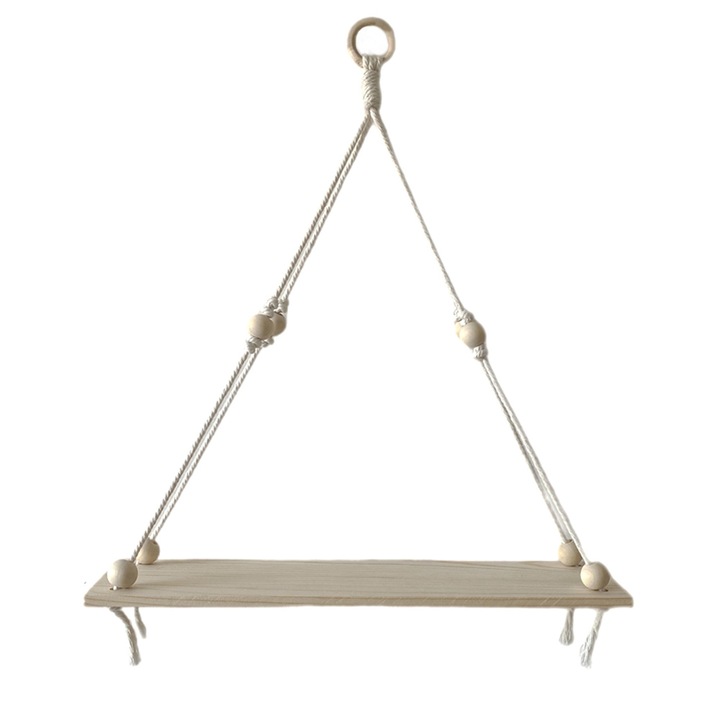 Raft suspendat pentru Bucatarie sau Baie, Stil Boho, Handmade, Lemn si Franghie de Bumbac, 35x50x10cm, Bej/Alb