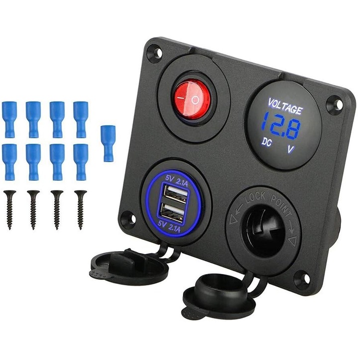 4 az 1-ben dupla USB töltő, TNEAYWHE, multifunkciós autós előlap, biztonsági védelem, tartós LED kapcsoló, 12V/24V, -40 és 60 Celsius fok között