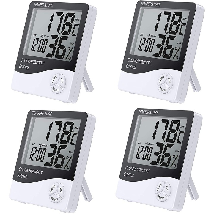 Set 4 Termometre Meteo digitale de interior, afisaj LCD, functie ceas si alarma, inregistrare umiditate si temperatura, montare verticala sau pe perete