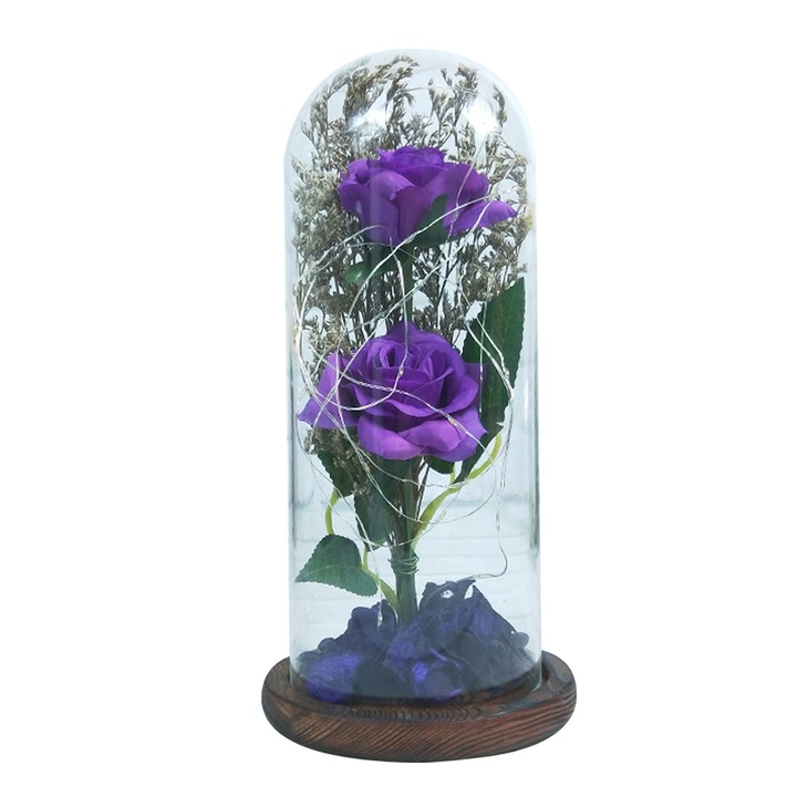 Розови цветя, под стъкления купол, лилави