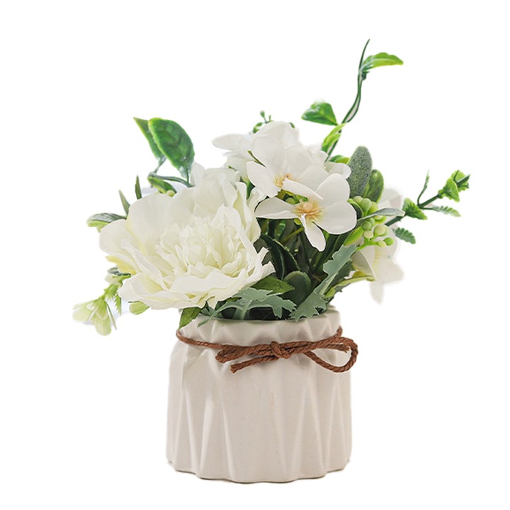 Vaza decorativa cu flori artificiale, alb, 7 x 8.5 x 16cm