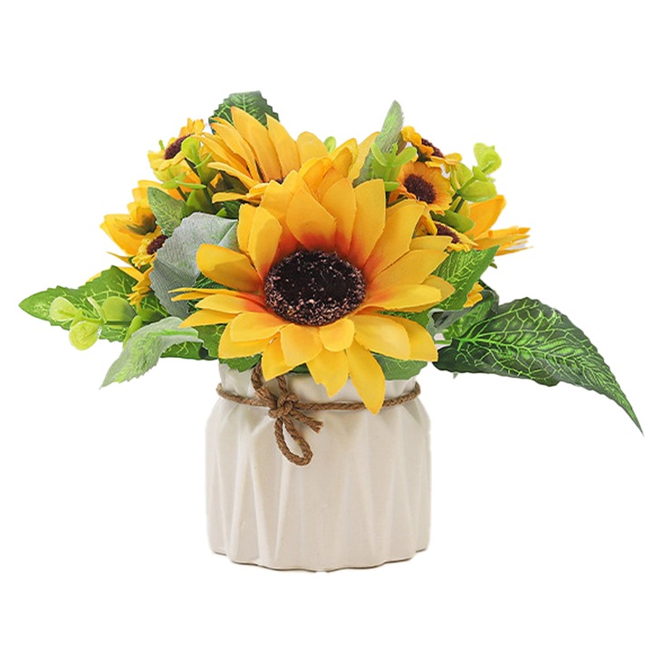 Декоративна ваза с изкуствени цветя, Керамика, Жълто/Бяло