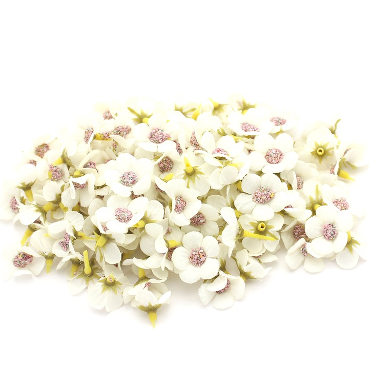 Set 100 flori artificiale, Mini margarete, Matase, 2.5cm, Galben/Alb