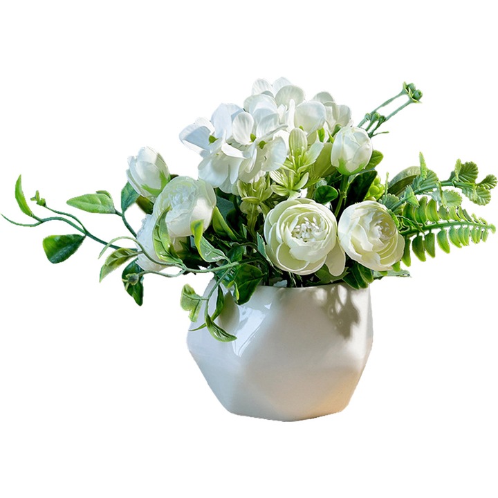 Mesterséges növények, QttvbTna, kerámia edények, fehér