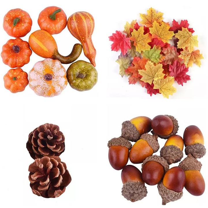 Őszi dekorációs készlet, QttvbTna, sütőtök / juharlevelek / makk / fenyőtoboz, többszínű