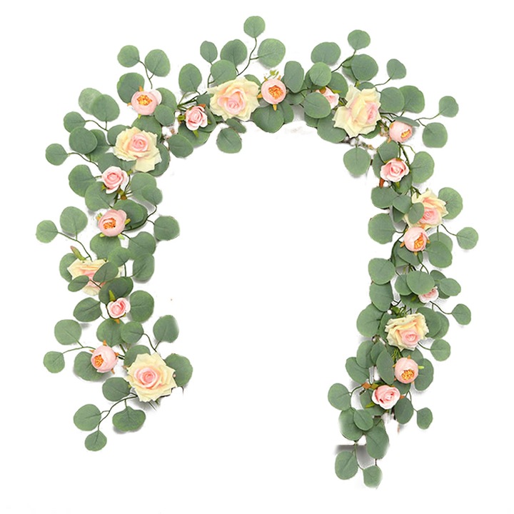 Изкуствен гирлянд, QttvbTna, дизайн на евкалиптови листа и рози, сватбен декор, 185 см, зелено / розово