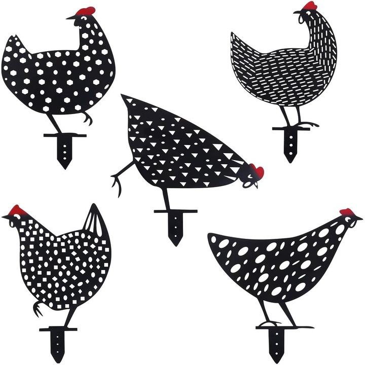 Комплект от 5 декоративни фигурки на пиле за градината, Longziming, метални, устойчиви на атмосферни влияния, черни