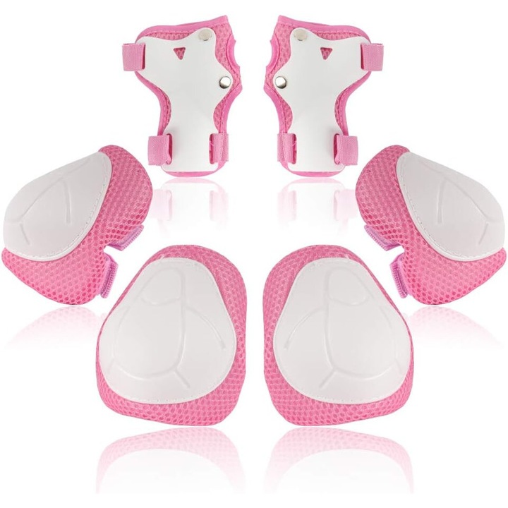 Set echipament de protectie pentru copii, genunchiere, cotiere si aparatori pentru incheietura mainii, roz, 3-8 ani
