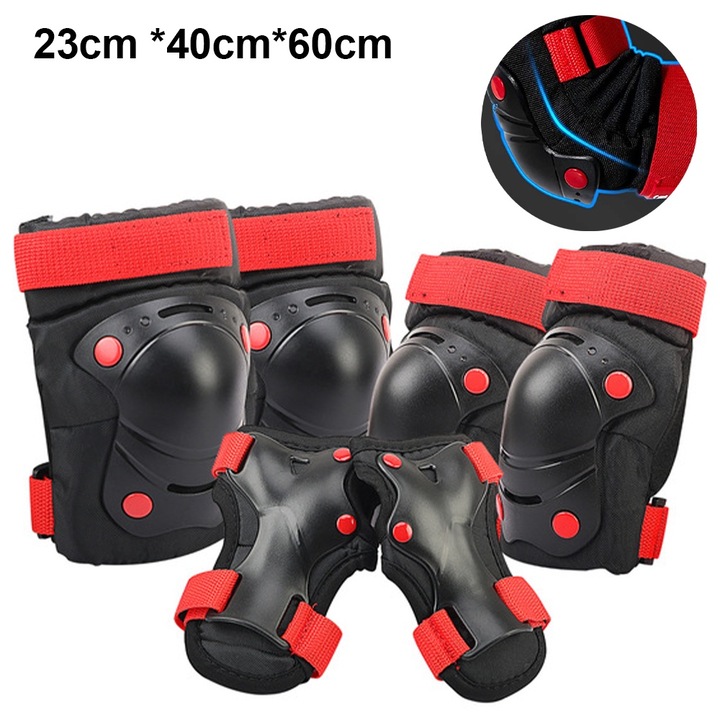 Set protectie pentru copii Jormftte, genunchiere, cotiere, protectii pentru incheieturi, negru si rosu, 23x40x6cm