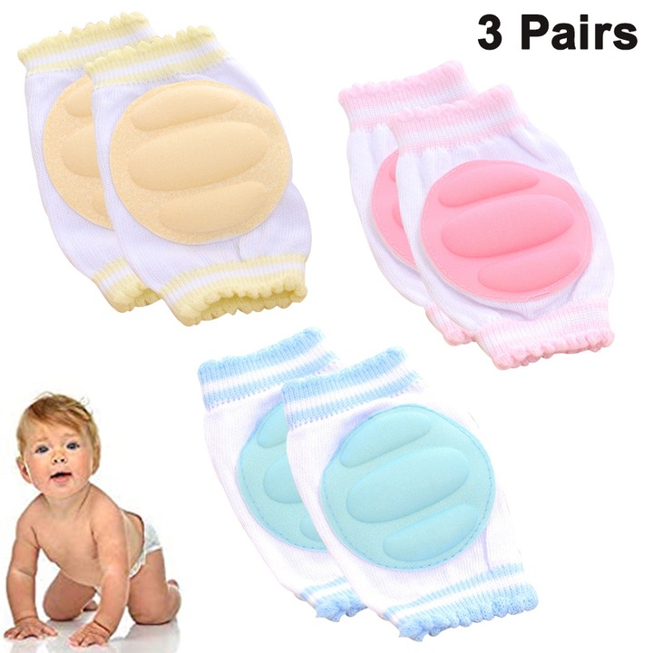 Set 3 perechi genunchiere antiderapante pentru bebelusi, 13x34cm