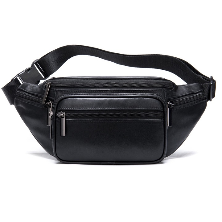 Sporttáska, valódi bőr, fekete, állítható derék