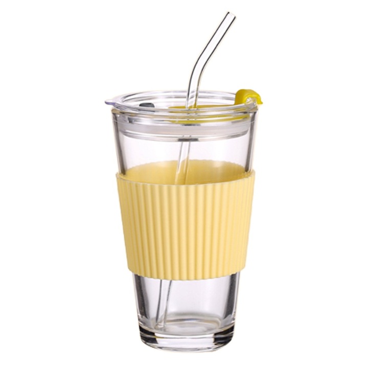 Комплект чаши с капак и сламка, Tovbmup, Glass, Silicone support, Transparent, 450ml