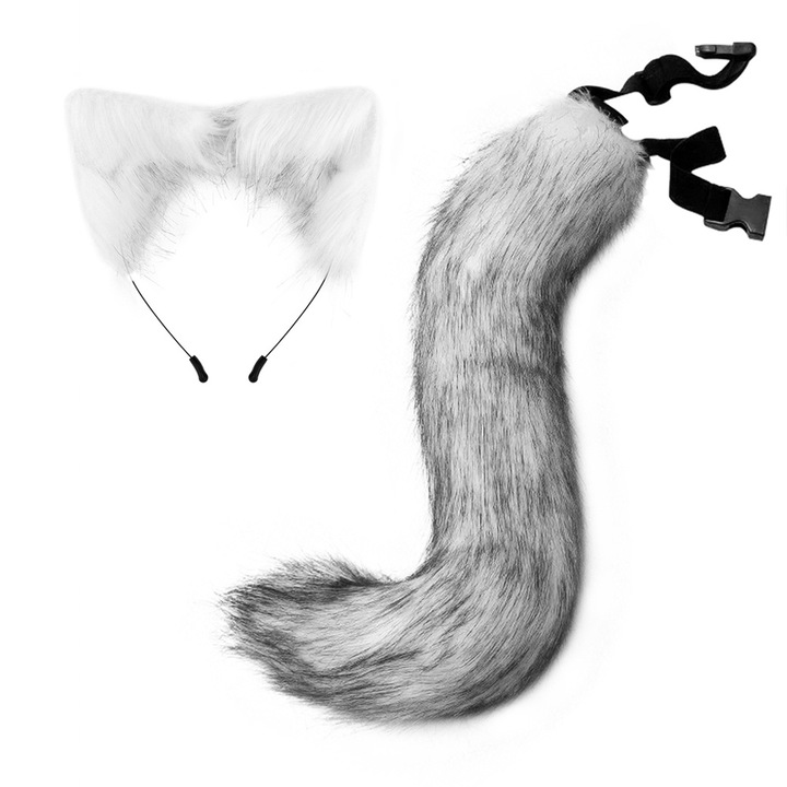 Róka fül és farok szett, szövet / plüss, 50 cm, fehér / szürke