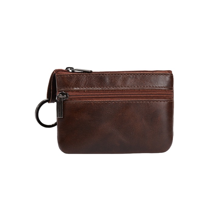 Portofel pentru barbati, portofel monede, material PU, inchidere cu fermoar, portabil, maro