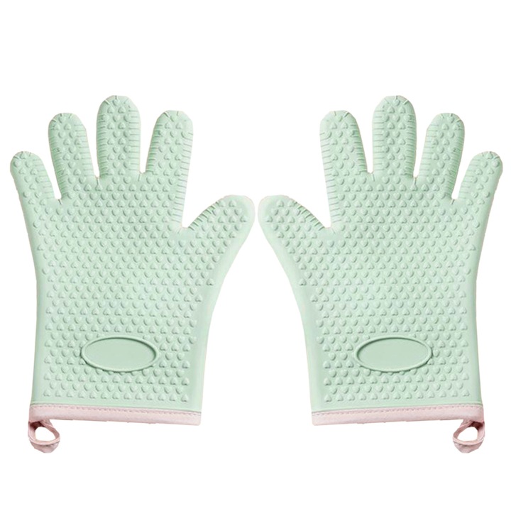 Szilikon konyhai kesztyűkészlet, A típusú, 5 ujjas, hőálló, mentazöld